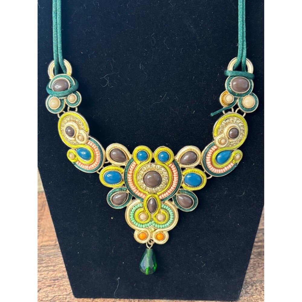 Statement Bib Necklace Womens Gold Tone Green Costume Aztec Southwest Style